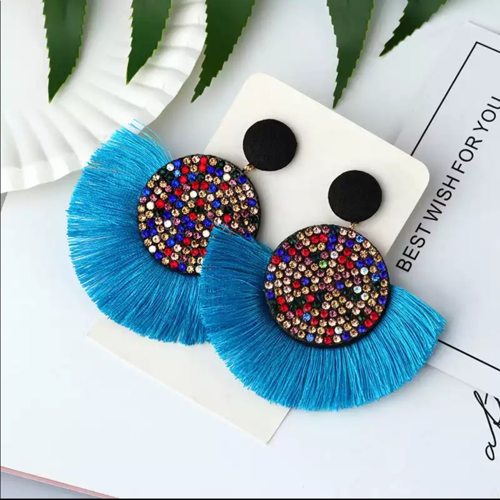 NWT Bohemian Big Tassel Crystal Drop Earrings - Picture 1 of 1